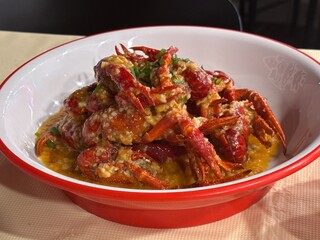Stir fried crayfish with garlic in Chinese restaurant. Chinese food style.