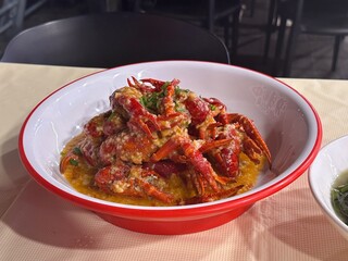 Stir fried crayfish with garlic in Chinese restaurant. Chinese food style.