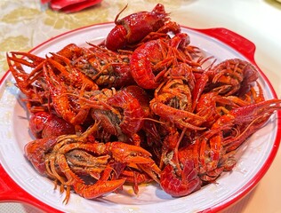 Stir fried spicy crayfish in Chinese restaurant. Chinese food style.
