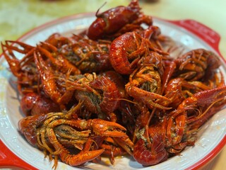 Stir fried spicy crayfish in Chinese restaurant. Chinese food style.