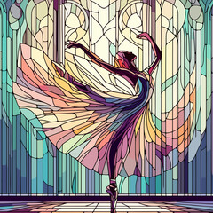 Ballerina in the rays of the sun in front of a mosaic arch, Vector illustration in a light background, ballet, generative ai