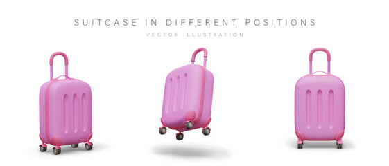 Pink suitcase with retractable handle and wheels. Travel bag with hard case. Plastic carry on luggage. Glamorous travel accessory. Vector object in different positions