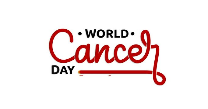 World Cancer Day text animation. Handwriting calligraphy animated with alpha channel. Symbolizes care and support for childhood cancer sufferers. Transparent background, easy to put into any video