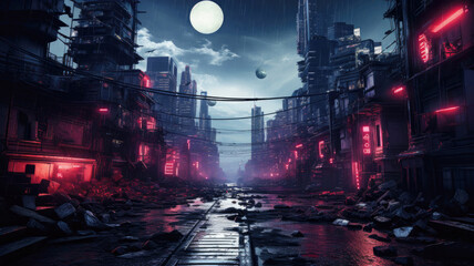 Cyberpunk neon city at night, dark deserted grungy street in future. Urban landscape with futuristic modern buildings and purple light. Concept of metaverse, dystopia, technology
