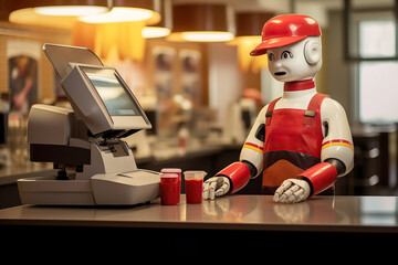 Robot AI Artificial Intelligence Waiter diner burger milkshakes service industry catering food drinks Automation in the workplace taking over jobs specifically Concept Illustration Photo