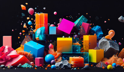 Fototapeta premium Abstract shape, wallpaper and backdrop connection of 3d render scene for online storage, big data and creativity software. Colourful, vibrant and creative mockup for graphic design, poster or celebra