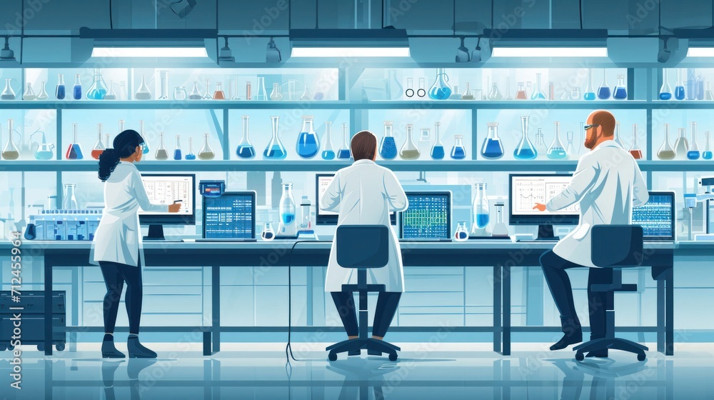 Poster research scientists in laboratory conducting experiments with generative ai