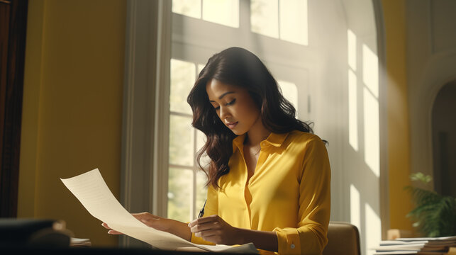 Young Woman Concentrated On Checking Documents On The Work Desk At Home