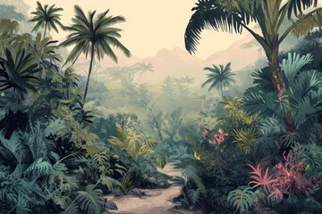 Prehistoric Landscape Background with Plants in the Style 50s Encyclopedia Vintage Illustration created with Generative AI Technology