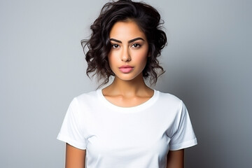 Obraz premium Woman in White Tshirt Mockup created with Generative AI