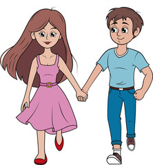 Pareja de enamorados caminando agarrados de las manos, ilustración formato png color simple .