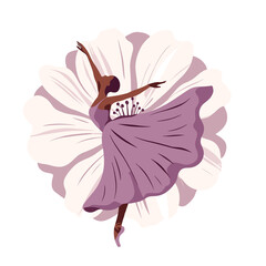 Ballerina in a lilac dress dancing on a flower background, tiptoe pose, ballet performer, generative ai