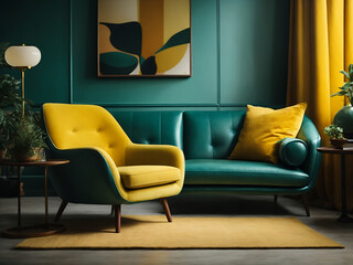Teal sofa and yellow accent chair design. Retro interior design of living room.