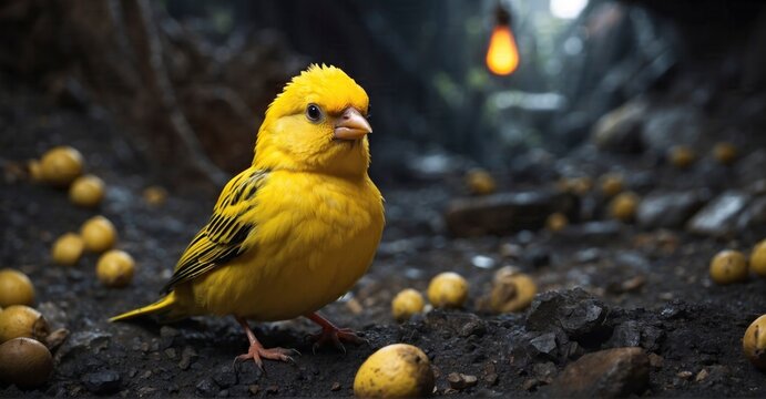 Anxious Canarinho (Canary) in a Dark Mining Environment - Symbolizing Alarm in Hazardous Conditions