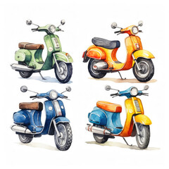 Watercolor Motorbike Collection on White Background
