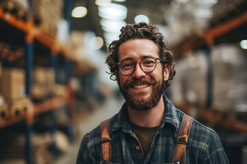 Portrait of a positive adult man in glasses working in a warehouse. Loader, Caucasian warehouse worker looking at camera - obrazy, fototapety, plakaty