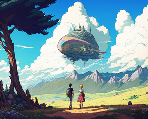Luftschiff über den Bergen mit zwei Wanderern im Manga Anime Stil - obrazy, fototapety, plakaty
