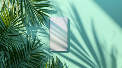 Smartphone mock-up with a white blank screen and a palm leaf shadow isolated on a green mint background at sunset. Creative layout. mockup top view, flat lay