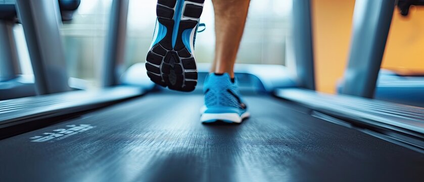 Close up of feet, sportman runner running on treadmill in fitness club. The individual, a dedicated athlete, is actively training in the gym, emphasizing a commitment to a healthy lifestyle. - Powered by Adobe