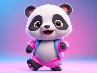 Cute little panda, full body, stylish, very happy and smiling, pink outfit with blue details, in neon colors. 3D rendering design illustration.
