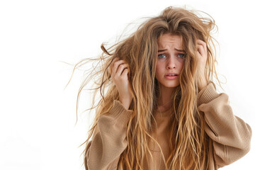 Pretty young woman having a bad hair day looking at the dry ends of her tousled long blond hair