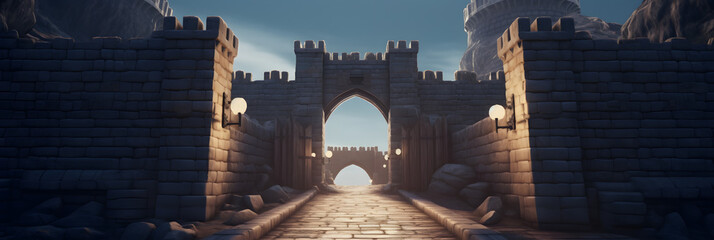 Entrance to the kingdom, or gated city. Medieval gate or checkpoint. Hand edited generative - obrazy, fototapety, plakaty