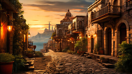 Medieval Charm: European Townscape at Sunset with Traditional Houses, Church, and Historic City Skyline