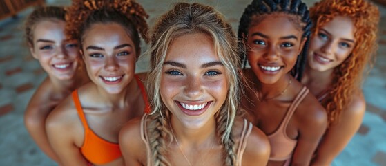 Fototapeta premium Young pals at college standing in a circle and facing the camera is shown in the bottom perspective. portraying a happy group of various millennials having a good time together,