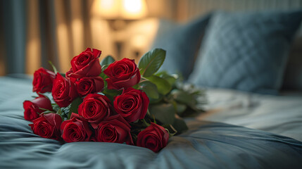 Bouquet of red roses on the bed in the bedroom. Valentine Romance with a Bouquet of Fresh Red Roses. 