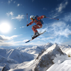 Skifahrer während des Sprungs bei der Abfahrt