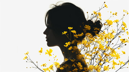 silhouette of a girl in yellow flowers on white background