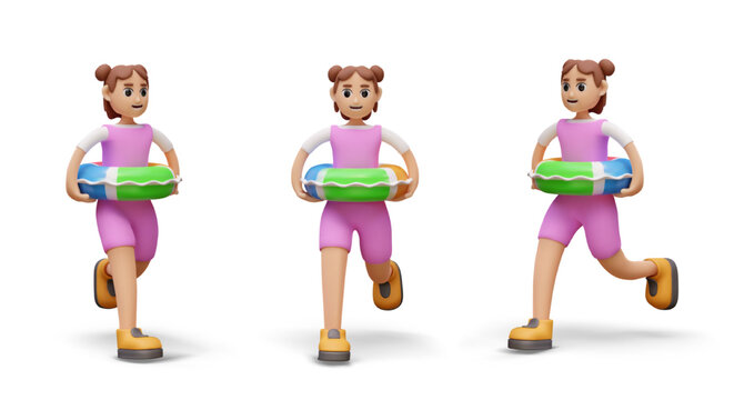 Girl is in hurry with inflatable circle. Female character in pink closed swimsuit is running towards water. Isolated character, view from different sides