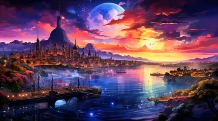 Zelfklevend Fotobehang Celestial Cityscape: Fantasy Landscape with Moon, Alien Planet, and Futuristic Architecture against a Blue Sky. © Taslima