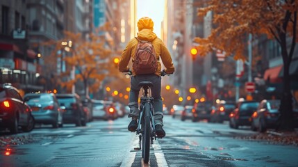 Cycling commuter. Young Caucasian man riding a bicycle on a road in a city street. Blurry urban background. - obrazy, fototapety, plakaty