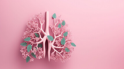 Celebrate World Lung Day with the Symbolic Beauty of Healthy Lungs Amidst Fresh Green Leaves and Flowers on a Pink Background - Ideal for World Tuberculosis Day and World No Tobacco Day Concepts!