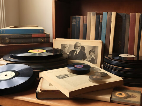 Vintage and old records, books, CDs. Heritage legacy collection, Inheritance. Hand edited design
