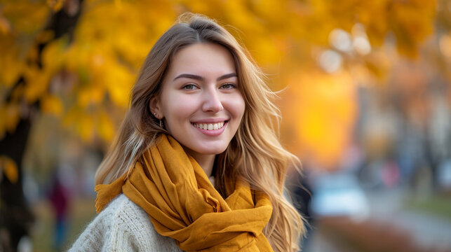 Russian Woman with Autumn City Backdrop Smile