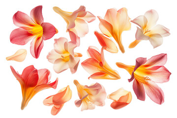 some flower freesia petals flew isolated on white background - obrazy, fototapety, plakaty