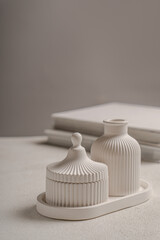 Fototapeta na wymiar White vase and plaster box on a white interior
