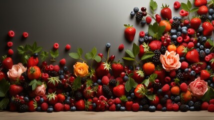 Horizontal banner with fruits and berries on black background generated AI