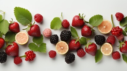 Horizontal banner with fruits and berries on white background generated AI