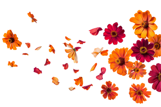 some flower zinnia petals flew isolated on white background