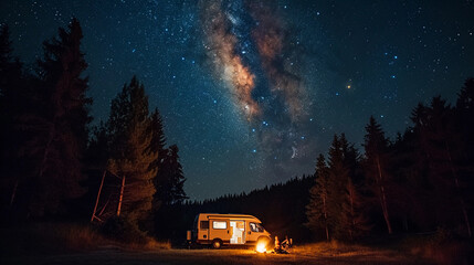 Fototapeta premium camper van parked under a star-filled sky in a remote forest clearing, a couple sitting outside by a campfire, the warm glow of lights inside the van, the Milky Way visible above