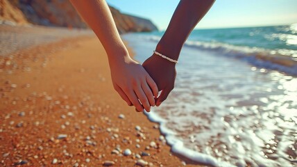 A middle segment of a mixed-race homosexual couple holding hands on a sunny beach