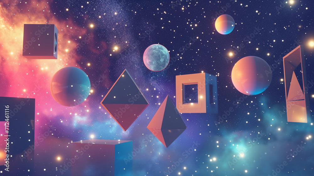 Wall mural geometric shapes arranged in a cosmic setting, squares, circles, and triangles appearing like celest