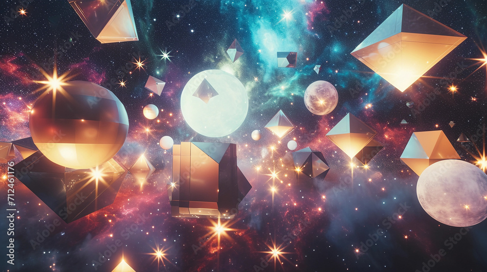 Wall mural geometric shapes arranged in a cosmic setting, squares, circles, and triangles appearing like celest
