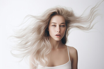Girl with flying hair on white background