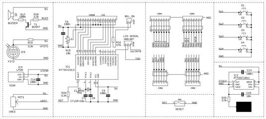 Schematic diagram of electronic device.
Vector drawing electrical circuit with 
microcontroller, sensor, integrated circuit,
capacitor, button, connector,
transistor, resistor, other components.