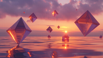 floating geometric shapes, with squares, circles, and triangles hovering over a calm ocean at sunset, each shape semi-transparent and reflecting the orange and purple hues of the sky
