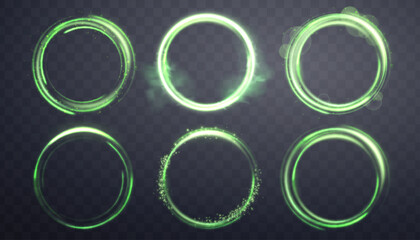 Glowing green magic rings. Neon realistic energy flare halo rings. Abstract light effect on a dark transparent background. Vector illustration. - obrazy, fototapety, plakaty